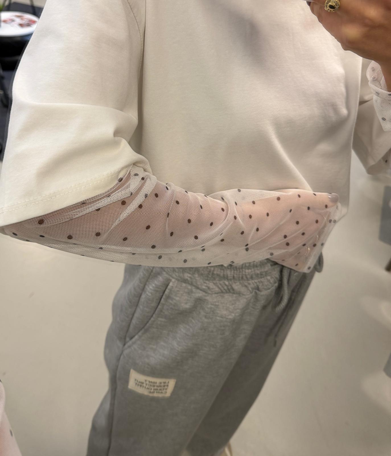 T-shirt over girocollo con inserto in tulle a pois 26MPM30225BIANCO MISS LOVE