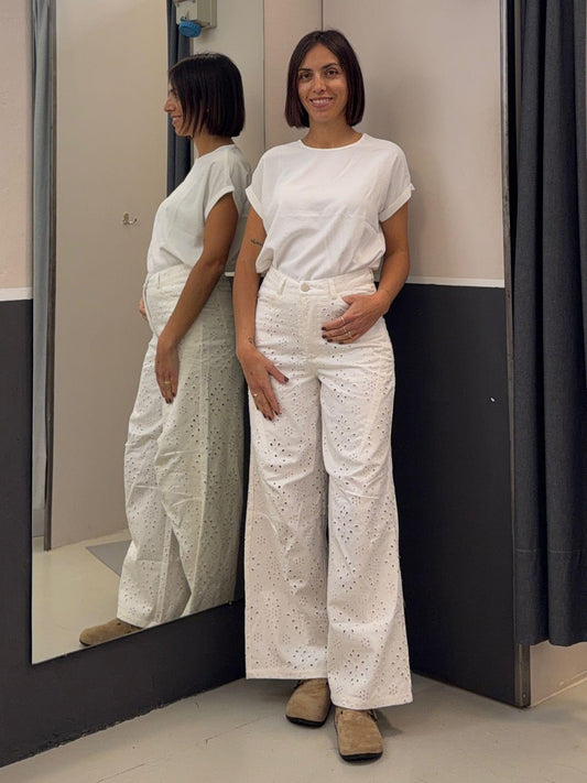 wide legs in pizzo sangallo KA7515BIANCO GLAMOROUS